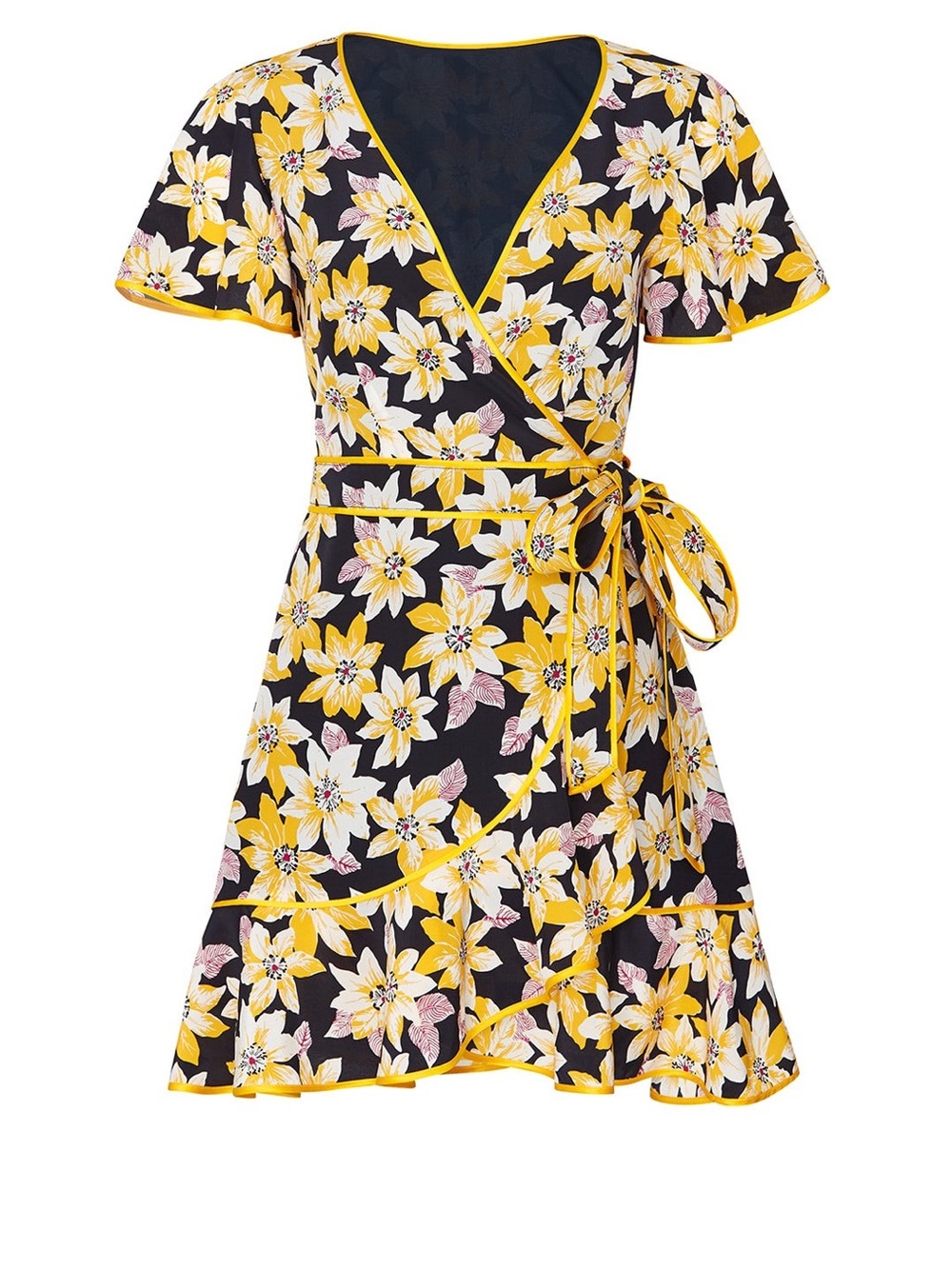 Cinq A Sept Cameron Floral Silk Wrap Front Mini Dress Navy Yellow Size 0 XS